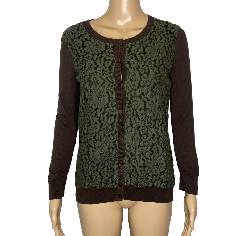 Women's Small Talbots Brown Lace Button Front Crewneck Button Cardigan Sweater